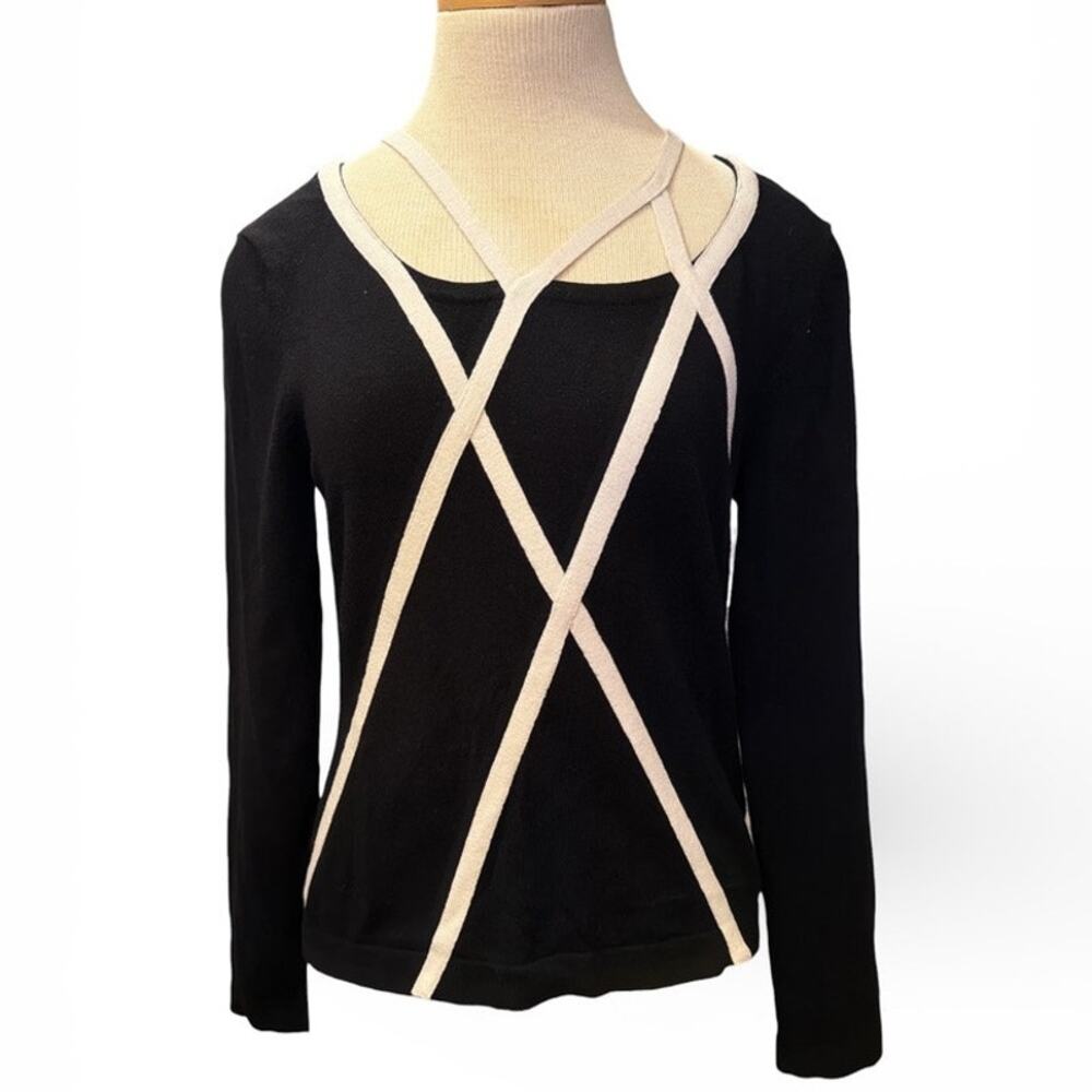 Artsy Unique Prima Bella Strappy Tight Knit Sweater Top Blouse Sz S Black White
